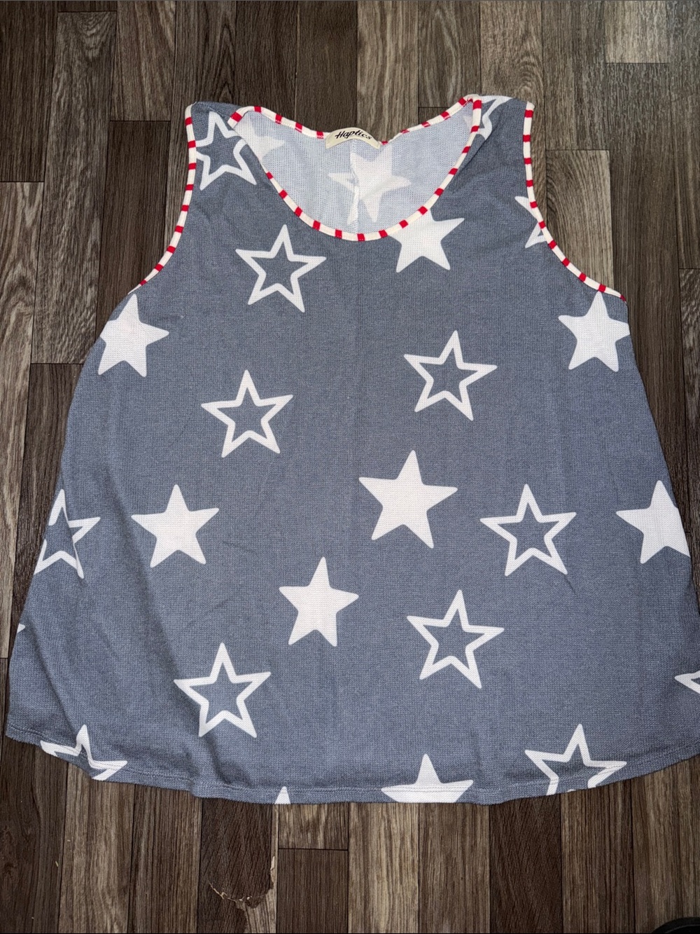 Gray Star Print Tank Top with Red-Trim Scoop Neck